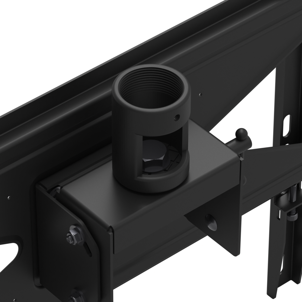 33HE001 ceiling mount head detail: the 1-1/2 inch NPT threaded pipe socket with its set-screw hole on the tilt bracket, and the tilt pivot hardware.