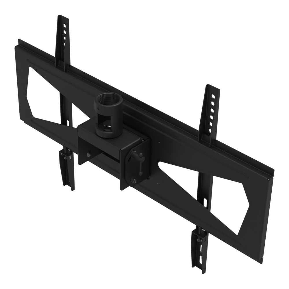 33HE002 wide TV ceiling mount head seen from above and behind, showing the threaded 1-1/2 inch pipe socket, the tilt bracket and the 702 mm plate.