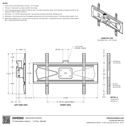 33HE002 TV ceiling mount head dimensioned drawing: 1-1/2 (1.5) inch NPT pipe socket, TV rails adjust 75 to 600 mm, 27.638 inches wide overall