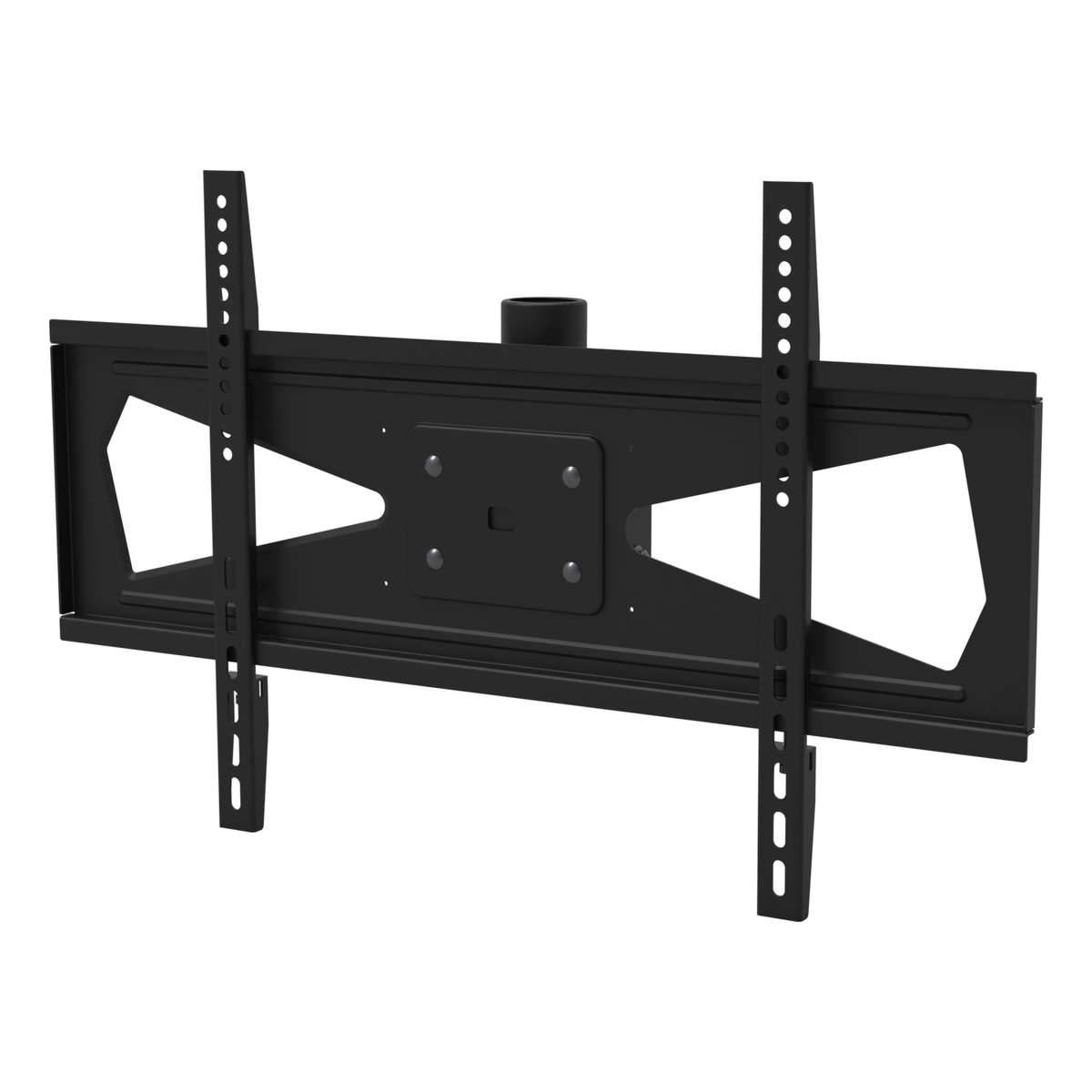 33HE002 TV ceiling mount head seen from the screen side at an angle: two slotted TV rails, the wide horizontal plate with its VESA pad and the pipe socket on top.