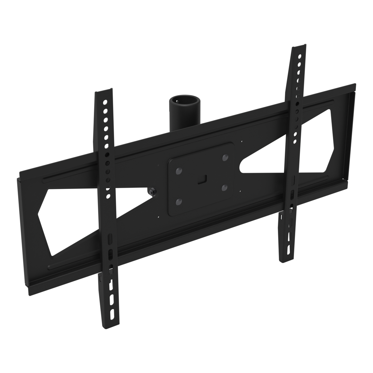 33HE002 TV ceiling mount head, three-quarter view from the left, with the tilt rails, the wide plate and the pipe socket.