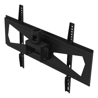 33HE002 TV ceiling mount head from behind, showing the pipe socket, tilt bracket, pivot bolts and the tilt lock handle.