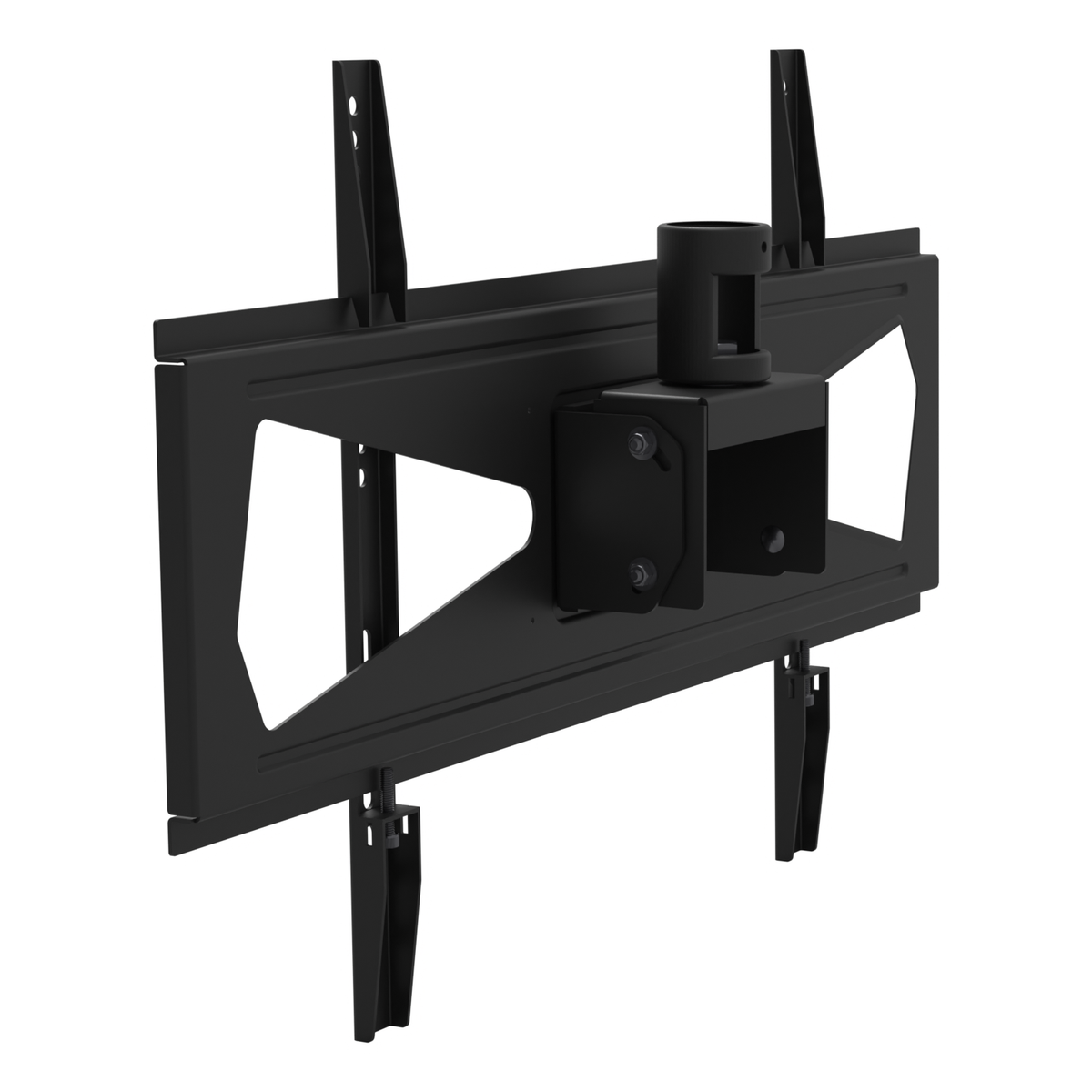 33HE002 TV ceiling mount head seen from the side and slightly behind, showing the pipe socket and tilt bracket standing off the TV rails.