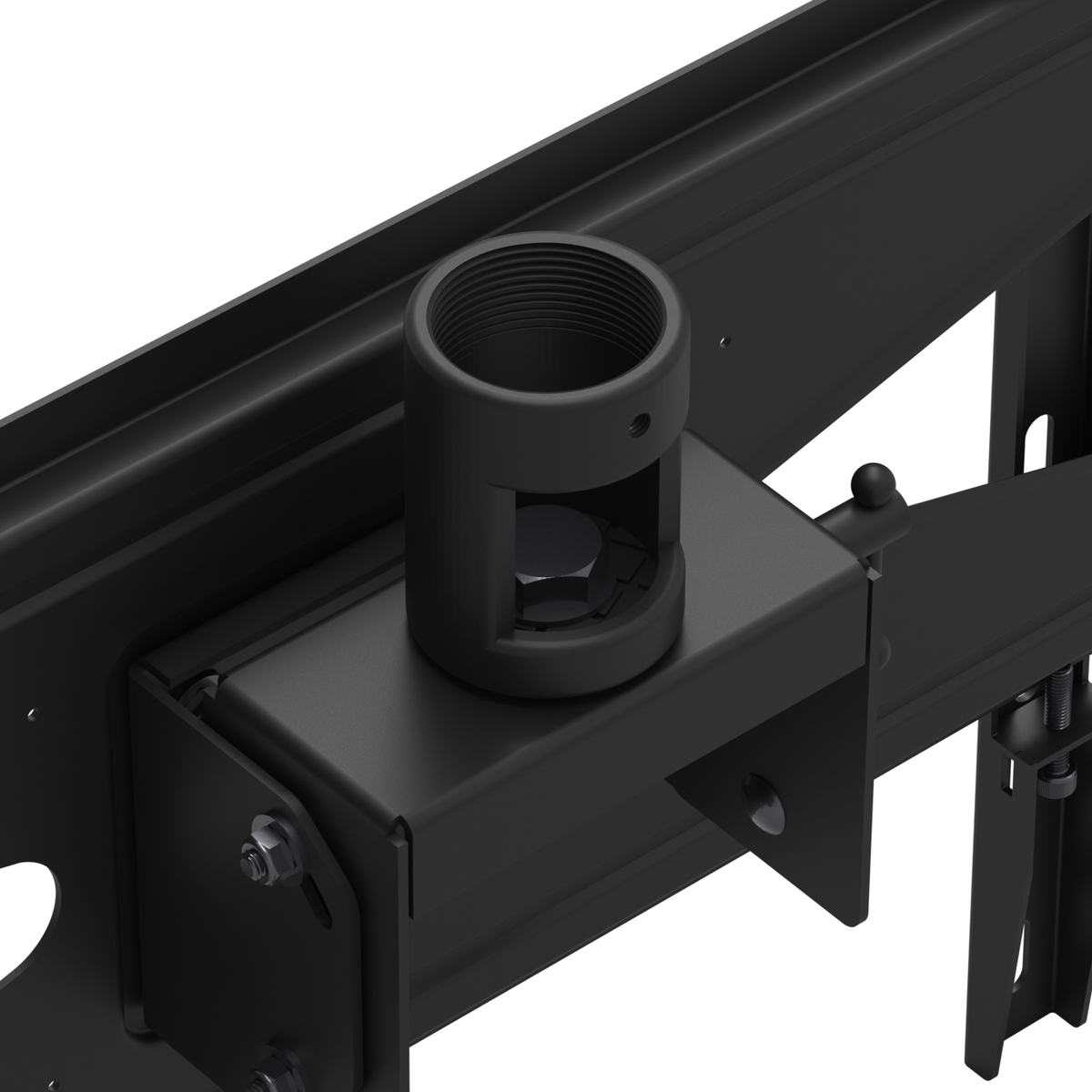 33HE002 TV ceiling mount head detail: the 1-1/2 inch NPT threaded pipe socket with its set screw hole on the tilt bracket, and the tilt pivot hardware.