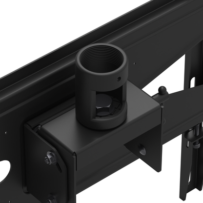 33HE002 TV ceiling mount head detail: the 1-1/2 inch NPT threaded pipe socket with its set screw hole on the tilt bracket, and the tilt pivot hardware.
