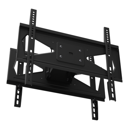 33HE021 back-to-back TV mount head seen from below more squarely on one screen plate's back, showing its VESA rails and tilt bolts, with the second plate behind.