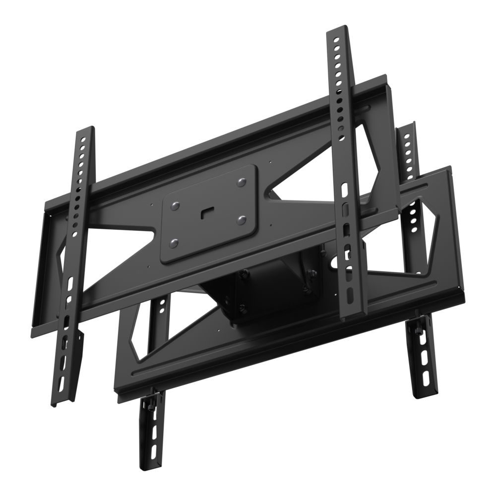 33HE021 back-to-back TV mount head seen from below at the installed viewing angle, showing the backs of both screen plates, the arc-slot tilt hardware and the socket underside.