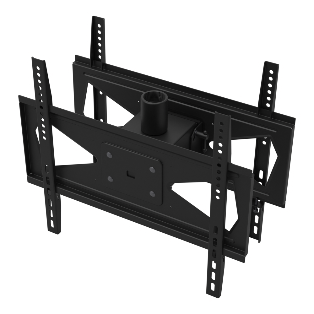 33HE021 back-to-back TV mount head at a three-quarter angle, showing both screen plates, all four tilt rails and the threaded pipe socket above.