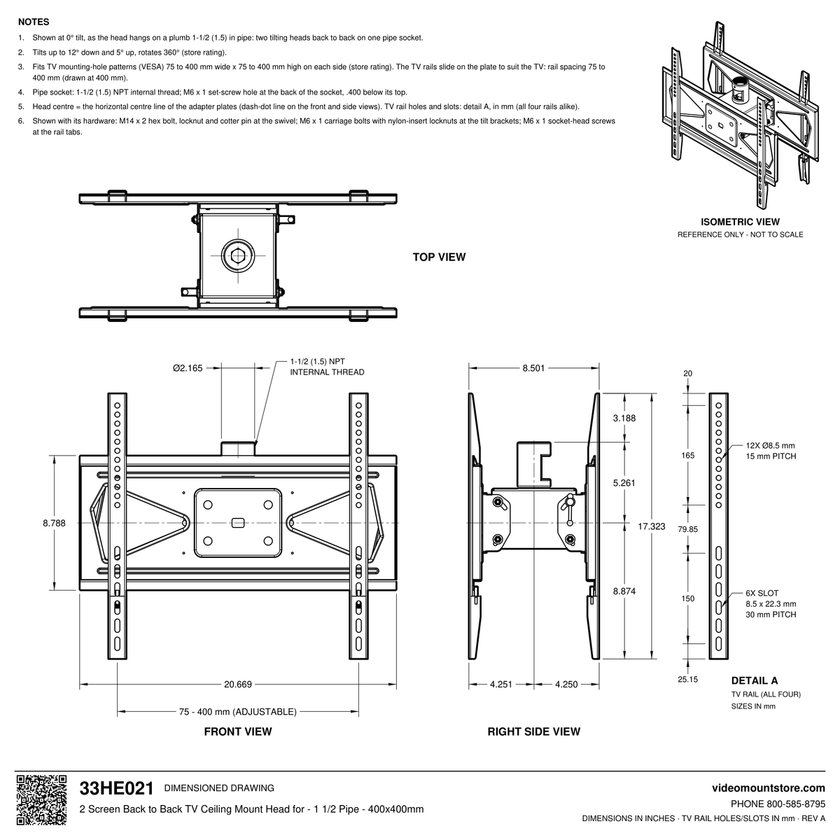 33HE021 back to back TV ceiling mount head dimensioned drawing: 1-1/2 (1.5) inch NPT pipe socket, TV rails adjust 75 to 400 mm each side, 20.669 inches wide
