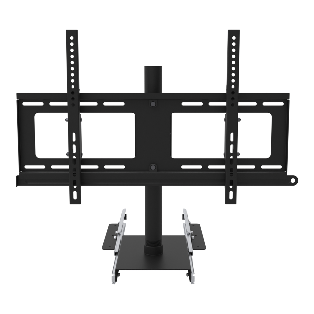 Slide-out swivel TV mount seen from the front, showing the twin tilting VESA rails, the wide mounting plate, the 20 in pipe and the ball-bearing drawer slides under the carriage plate.