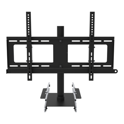 Slide-out swivel TV mount seen from the front, showing the twin tilting VESA rails, the wide mounting plate, the 20 in pipe and the ball-bearing drawer slides under the carriage plate.
