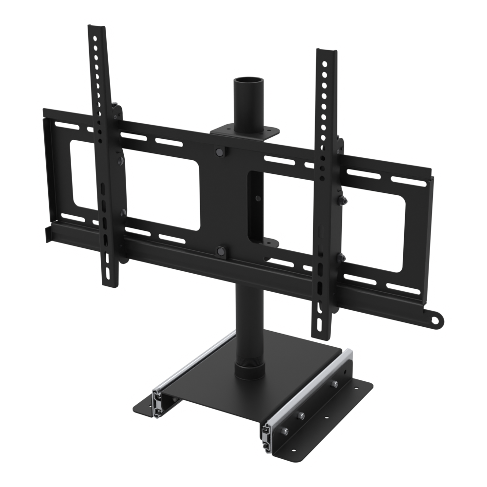Slide-out swivel TV mount collapsed with the drawer slide stowed, showing how far the screen retracts back over the shelf.