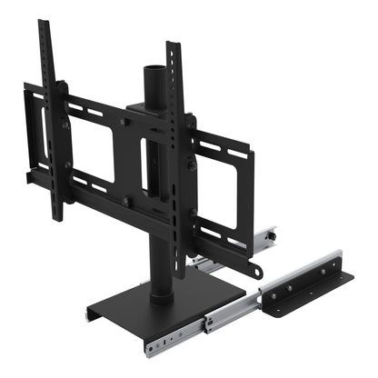 Slide-out swivel TV mount fully extended over the counter edge, at a three-quarter angle, showing the base rails, the ball-bearing drawer slide, the 20 in pipe and the tilting TV head.