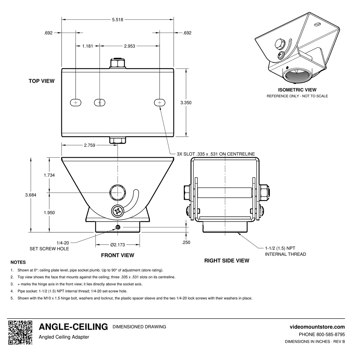 ANGLE-CEILING angled ceiling adapter dimensioned drawing: 5.518 by 3.350 inch base with three slots, hinged 1-1/2 (1.5) inch NPT pipe socket 3.684 inches below the ceiling, up to 90 degrees of adjustment
