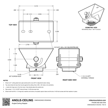 ANGLE-CEILING angled ceiling adapter dimensioned drawing: 5.518 by 3.350 inch base with three slots, hinged 1-1/2 (1.5) inch NPT pipe socket 3.684 inches below the ceiling, up to 90 degrees of adjustment