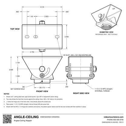 ANGLE-CEILING angled ceiling adapter dimensioned drawing: 5.518 by 3.350 inch base with three slots, hinged pipe socket with a 1-1/2 (1.5) inch NPS straight thread 3.684 inches below the ceiling, up to 90 degrees of adjustment