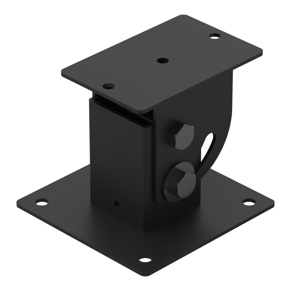Cathedral ceiling adapter seen from above, showing the ceiling baseplate and its mounting holes, the curved adjustment slot and both M12 bolts.