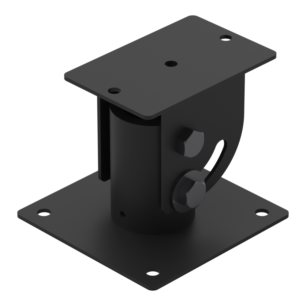 Cathedral ceiling adapter seen from above, showing the ceiling baseplate and its mounting holes, the curved adjustment slot and both M12 bolts.