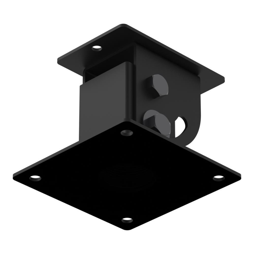 Cathedral ceiling adapter seen from below at the installed viewing angle, showing the 1-1/2 inch pipe socket opening through the square mounting plate.