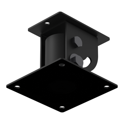 Cathedral ceiling adapter seen from below at the installed viewing angle, showing the 1-1/2 inch pipe socket opening through the square mounting plate.