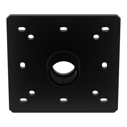 CP-1 ceiling plate seen from below at an angle, looking up into the threaded collar, with the plate's mounting holes and slots around it.