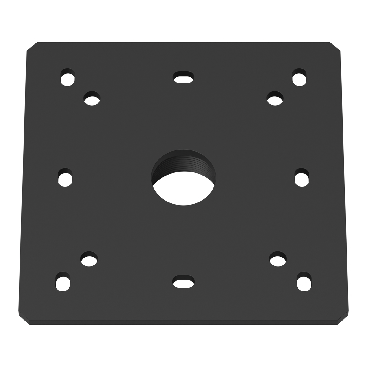 CP-1 ceiling plate seen from above at an angle, showing the flat ceiling side of the wide square plate, its mounting holes and slots and the center bore.