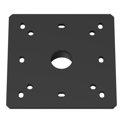 CP-1 ceiling plate seen from above at an angle, showing the flat ceiling side of the wide square plate, its mounting holes and slots and the center bore.