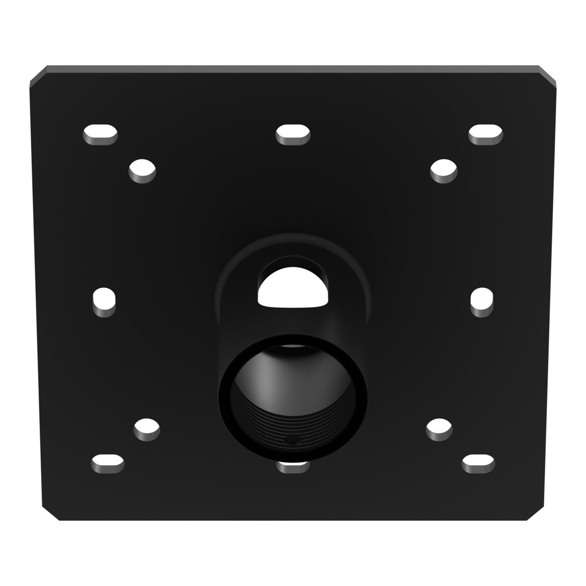 CP-1PT ceiling plate seen from below, looking up at the pipe socket with its side cable pass opening, the threaded bore and the plate's mounting holes.