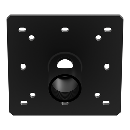 CP-1PT ceiling plate seen from below, looking up at the pipe socket with its side cable pass opening, the threaded bore and the plate's mounting holes.