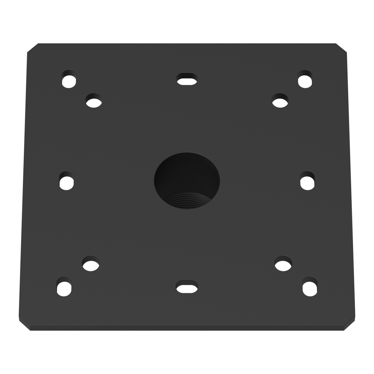 CP-1PT ceiling plate seen from above at an angle, showing the flat ceiling side of the wide square plate, its mounting holes and slots and the center cable pass bore.