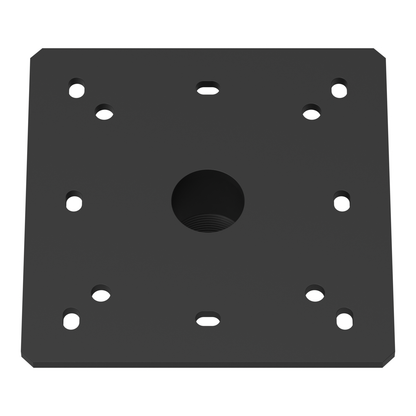 CP-1PT ceiling plate seen from above at an angle, showing the flat ceiling side of the wide square plate, its mounting holes and slots and the center cable pass bore.