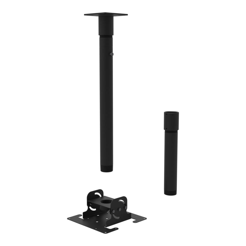 Dental TV ceiling mount, 11CP001 cable pass-through ceiling plate, 24.5 to 50.5 inch drop, shown apart with coupler and 10 inch pipe.