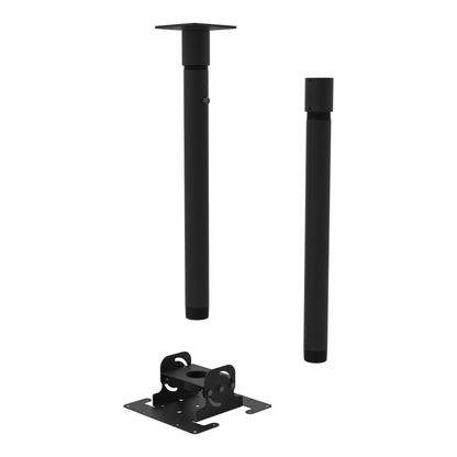 Dental TV ceiling mount, 11CP001 cable pass-through ceiling plate, 44.5 to 60.5 inch drop, shown apart with coupler and 20 inch pipe.