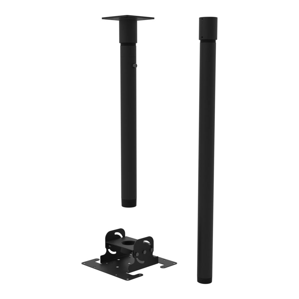 Dental TV ceiling mount, 11CP001 cable pass-through ceiling plate, 54.5 to 70.5 inch drop, shown apart with coupler and 30 inch pipe.