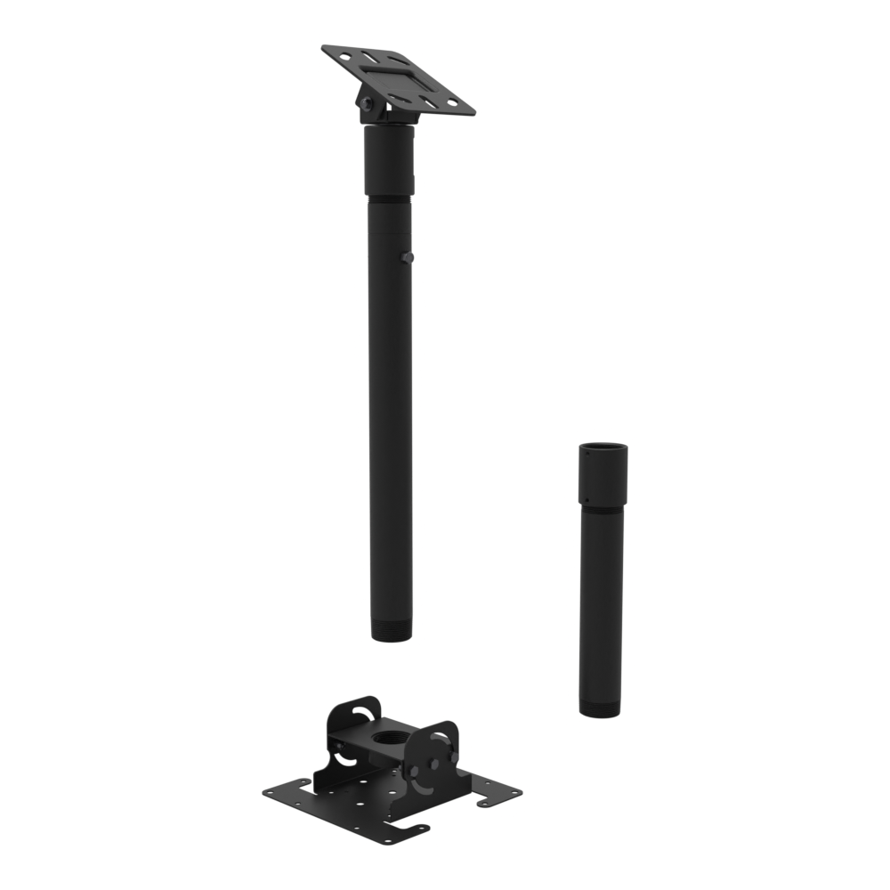 Dental TV ceiling mount, angled ceiling plate for a sloped ceiling, 24.5 to 50.5 inch drop, shown apart with coupler and 10 inch pipe.