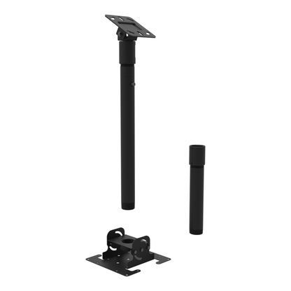 Dental TV ceiling mount, angled ceiling plate for a sloped ceiling, 24.5 to 50.5 inch drop, shown apart with coupler and 10 inch pipe.