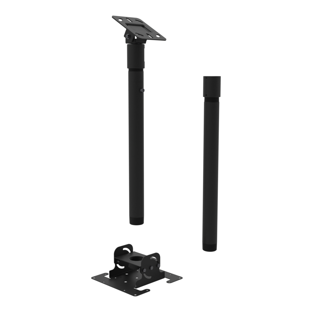 Dental TV ceiling mount, angled ceiling plate for a sloped ceiling, 44.5 to 60.5 inch drop, shown apart with coupler and 20 inch pipe.