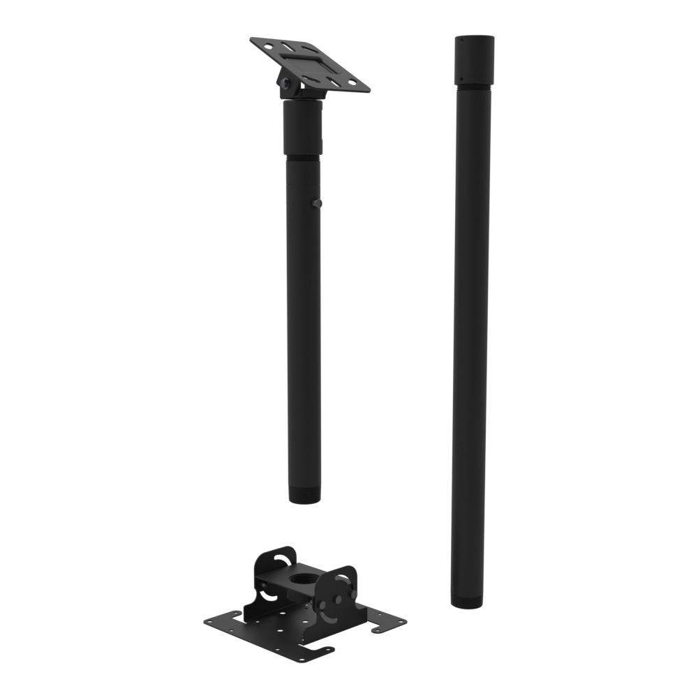 Dental TV ceiling mount, angled ceiling plate for a sloped ceiling, 54.5 to 70.5 inch drop, shown apart with coupler and 30 inch pipe.