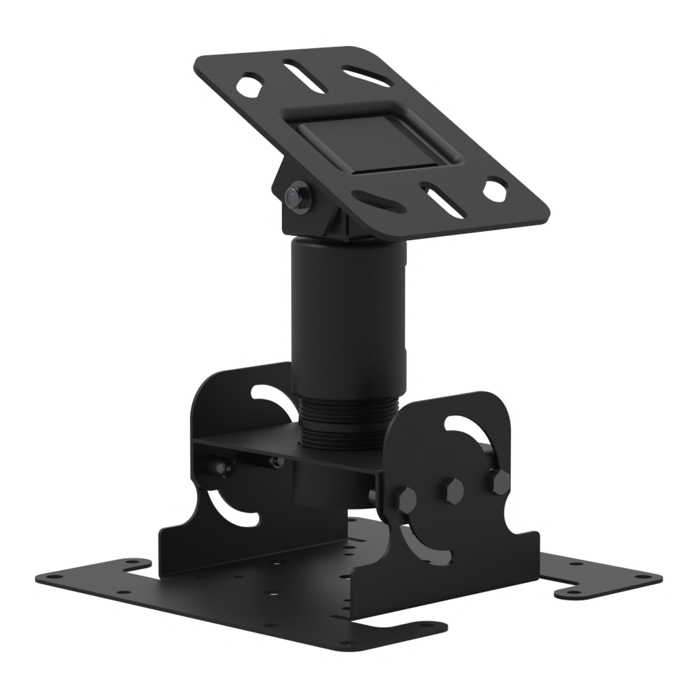 Dental TV ceiling mount, angled ceiling plate tilted for a sloped ceiling, 6 1/2 inch fixed drop on a close nipple.