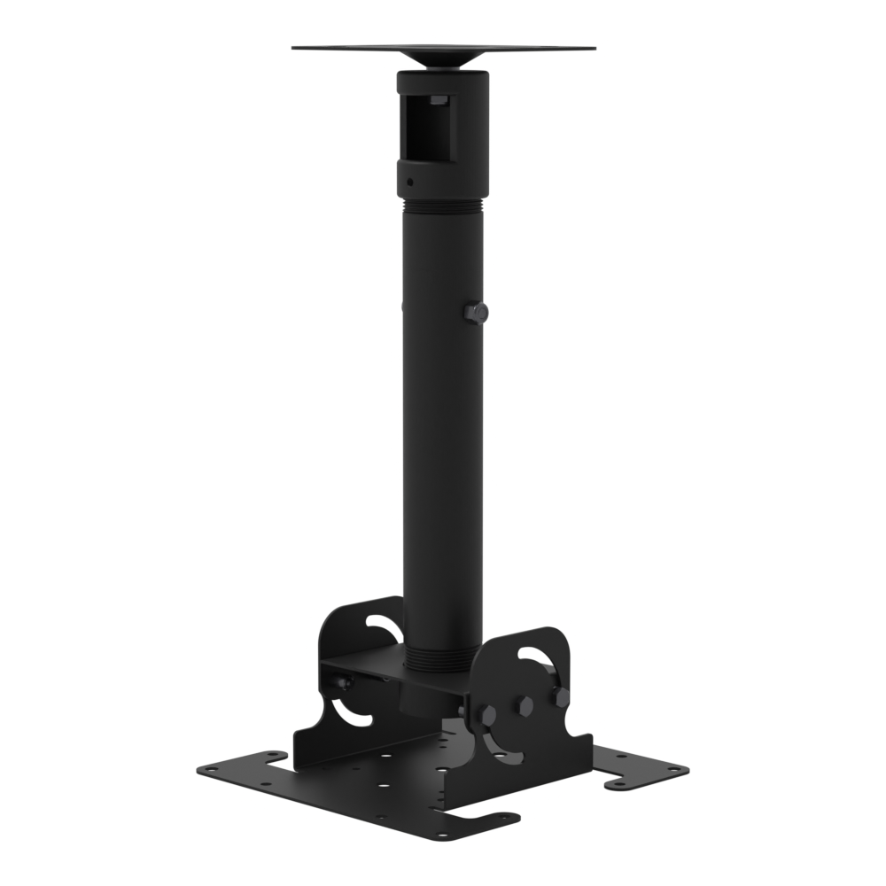 Dental TV ceiling mount, flat ceiling plate, 16.5 to 24.5 inch adjustable drop: ceiling plate, telescoping extension and tilting dome head.