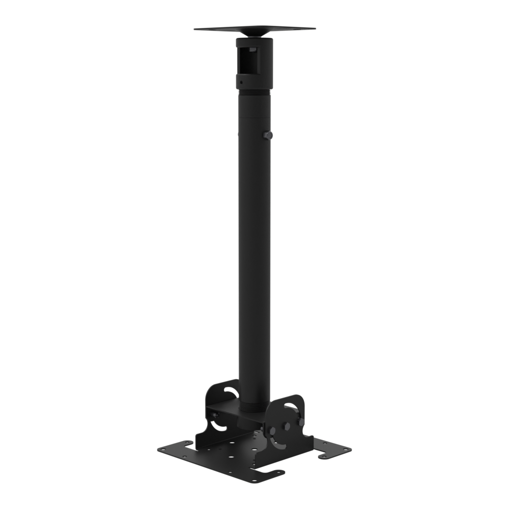 Dental TV ceiling mount, flat ceiling plate, 24.5 to 40.5 inch adjustable drop: ceiling plate, telescoping extension and tilting dome head.