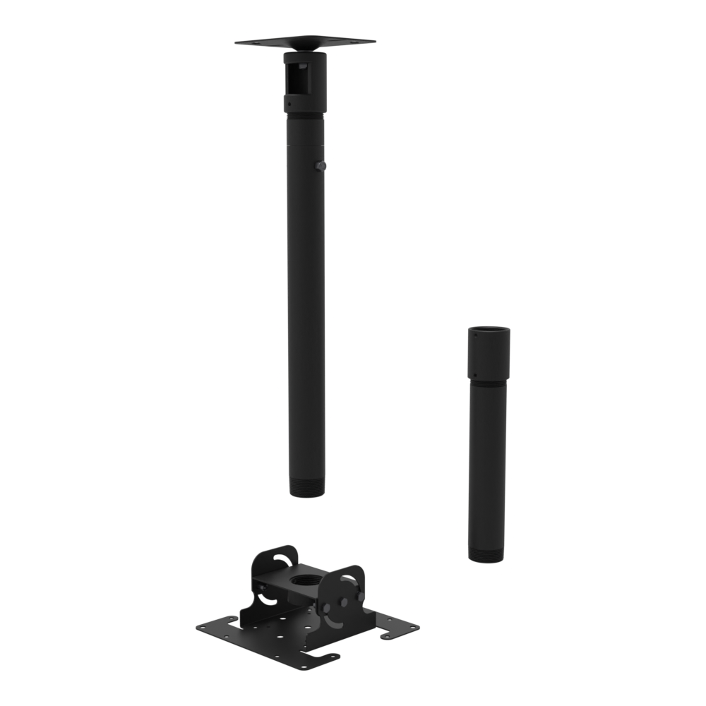 Dental TV ceiling mount, flat ceiling plate, 24.5 to 50.5 inch drop, shown apart: plate, telescoping extension, coupler and 10 inch pipe.