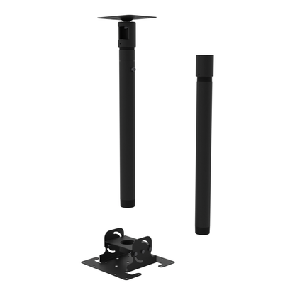 Dental TV ceiling mount, flat ceiling plate, 44.5 to 60.5 inch drop, shown apart: plate, telescoping extension, coupler and 20 inch pipe.