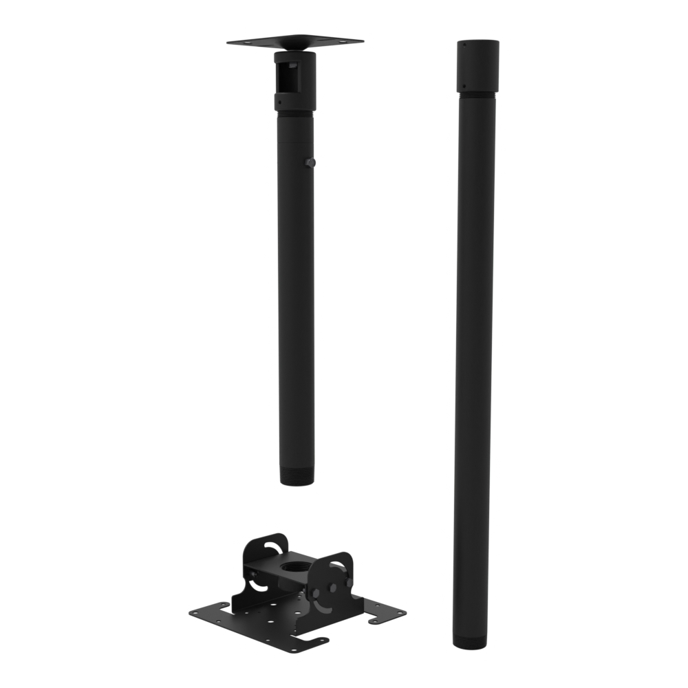 Dental TV ceiling mount, flat ceiling plate, 54.5 to 70.5 inch drop, shown apart: plate, telescoping extension, coupler and 30 inch pipe.