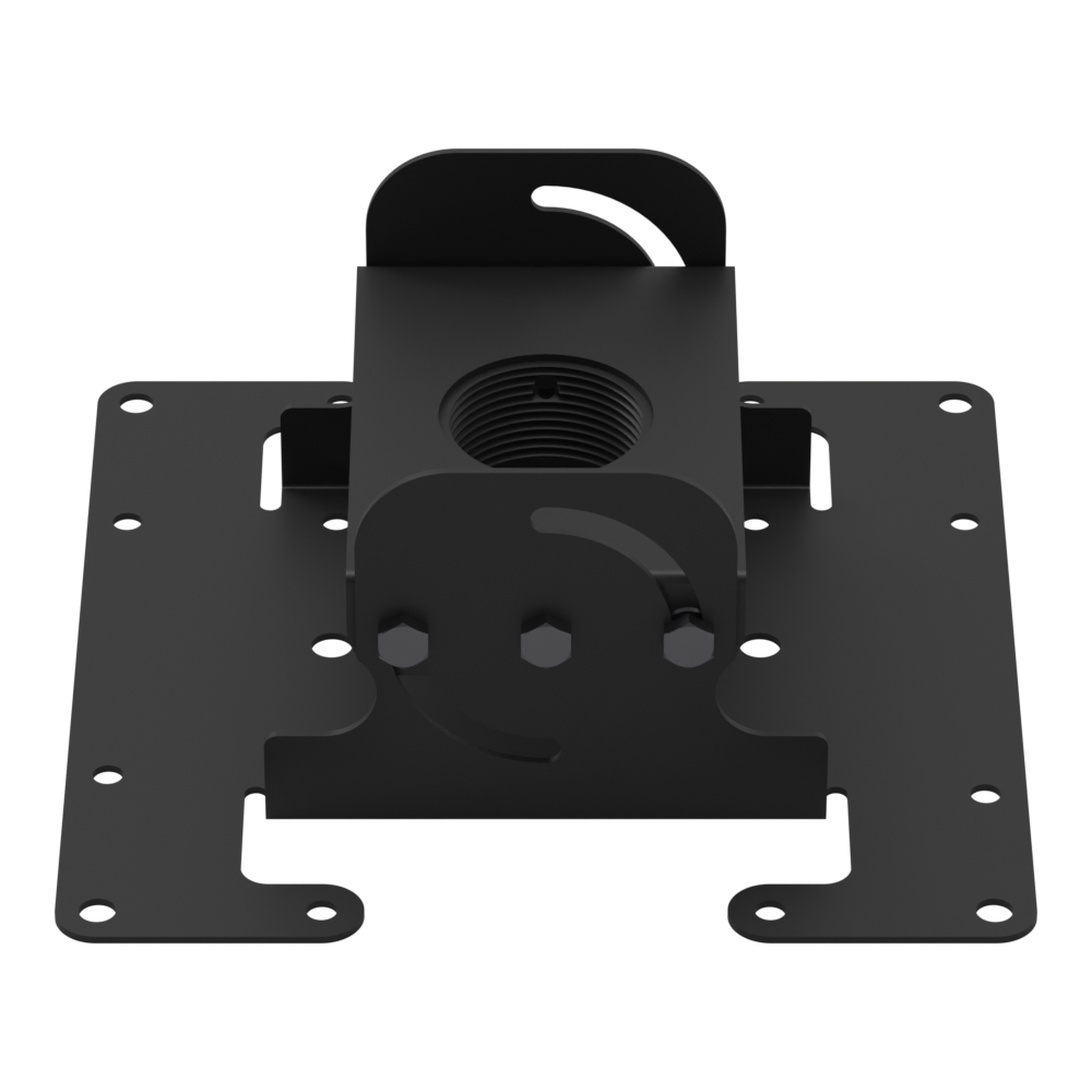 DD mounting head seen from the front and slightly above, showing the threaded 1-1/2 in NPT collar, the tilt yoke and the 200 mm equipment plate.