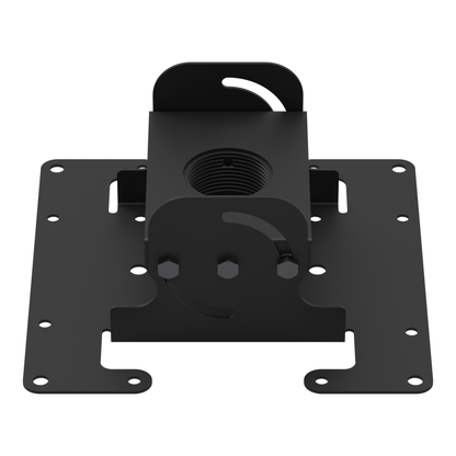 DD mounting head seen from the front and slightly above, showing the threaded 1-1/2 in NPT collar, the tilt yoke and the 200 mm equipment plate.