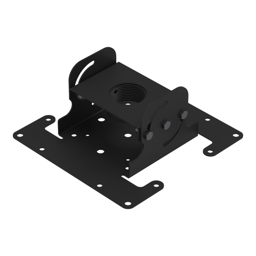 DD mounting head seen at a three-quarter angle, showing the depth of the bracket, the threaded collar and the slotted mounting plate.