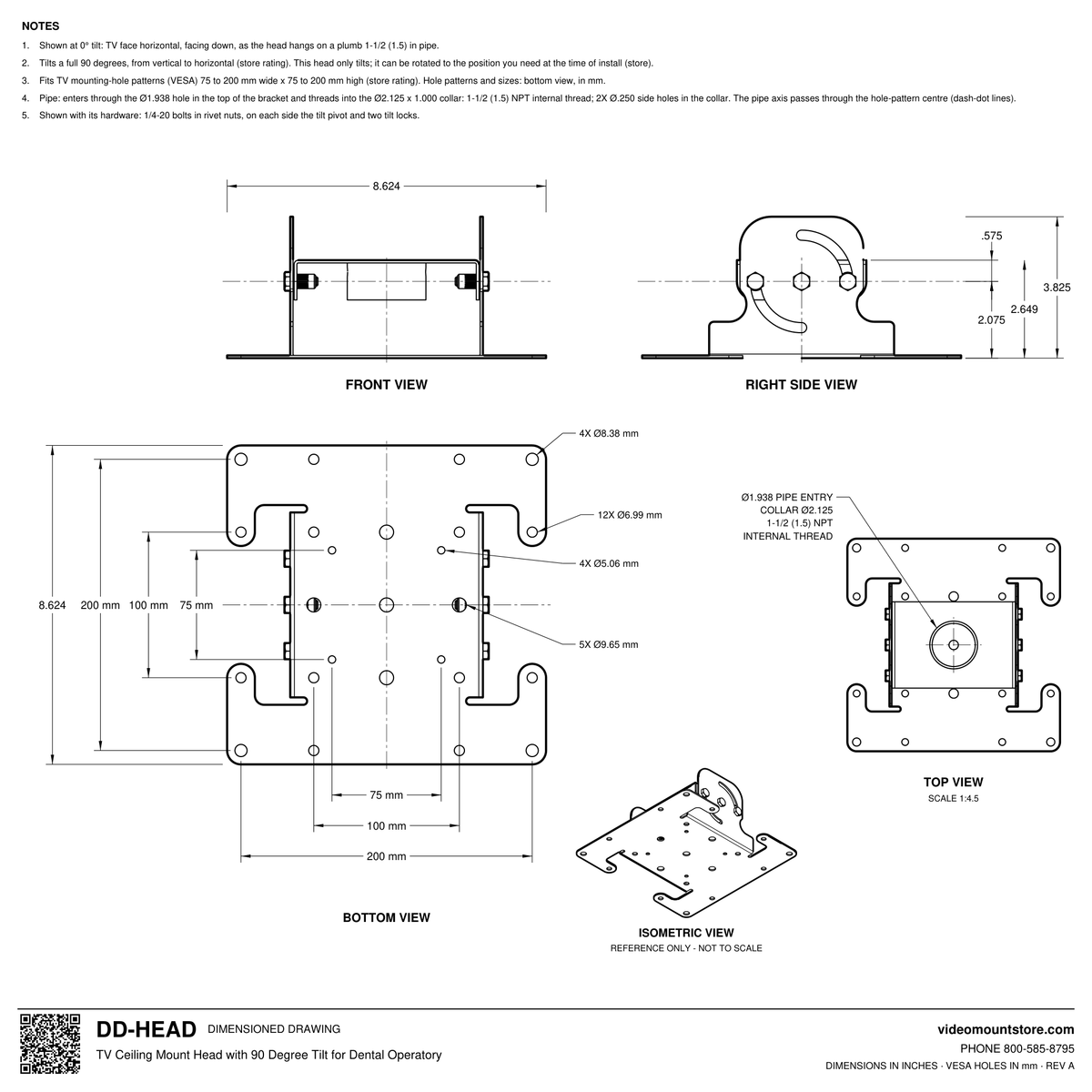 DD-HEAD dental TV ceiling mount head dimensioned drawing: 1-1/2 (1.5) inch NPT pipe collar, 90 degree tilt, VESA 75, 100 and 200 mm patterns, 8.624 inch square plate