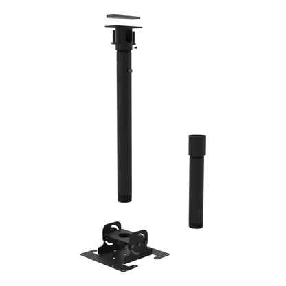 Dental TV ceiling mount, unistrut adapter plate, 24.5 to 50.5 inch drop, shown apart: plate, telescoping extension, coupler and 10 inch pipe.