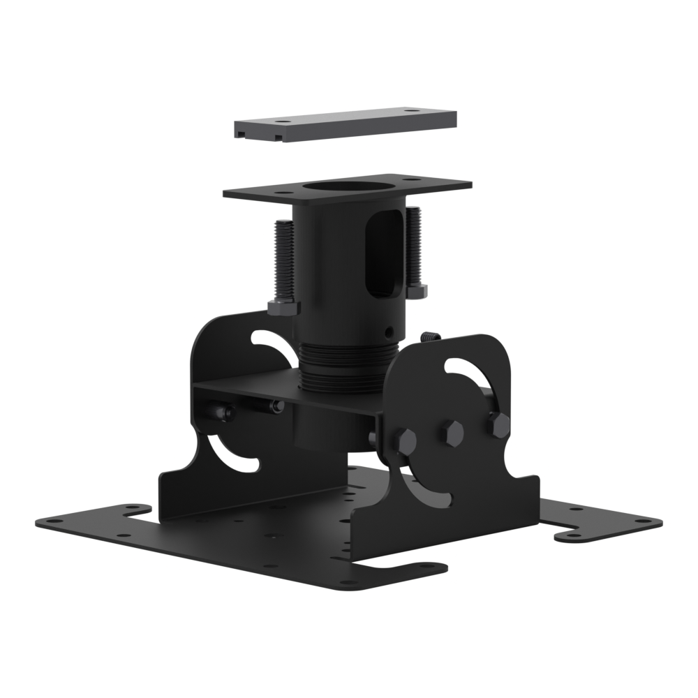 Dental TV ceiling mount, unistrut adapter plate, 6 1/2 inch fixed drop on a close nipple, with the tilting dome head below.
